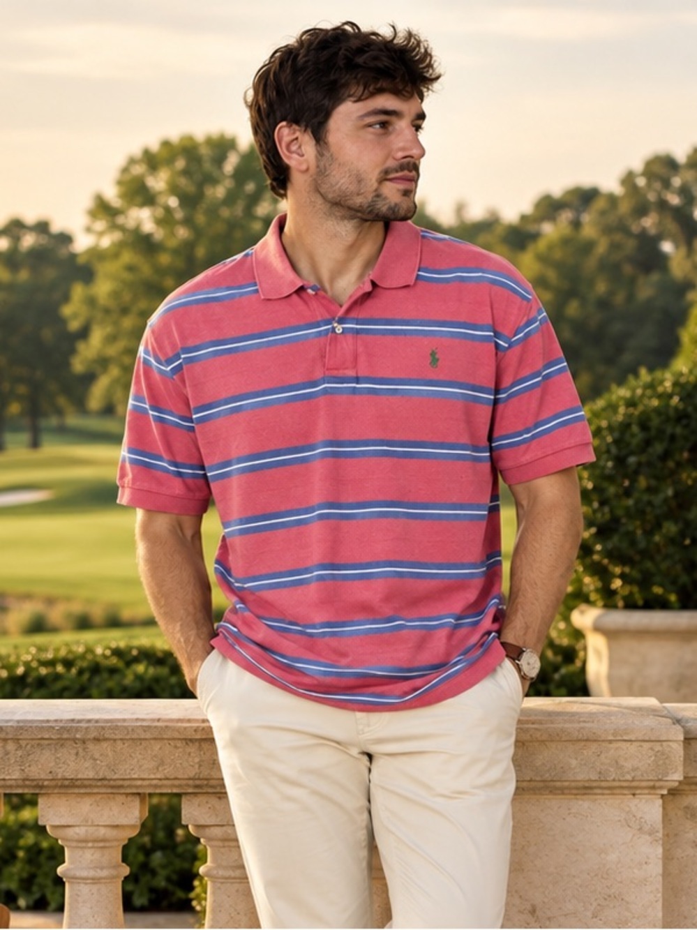 Polo Ralph Lauren Striped Polo Shirt Men XL Pink Blue 100% Cotton Preppy Golf